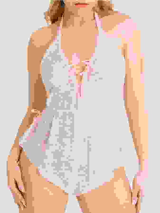 Lovehoney Flirty Lace Ivory Teddy, Ivory, hi-res